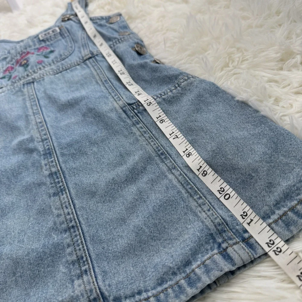 Vtg 90s Cherokee Denim Overall Dress Girls Size 6 Embroidered Floral Cottagecore